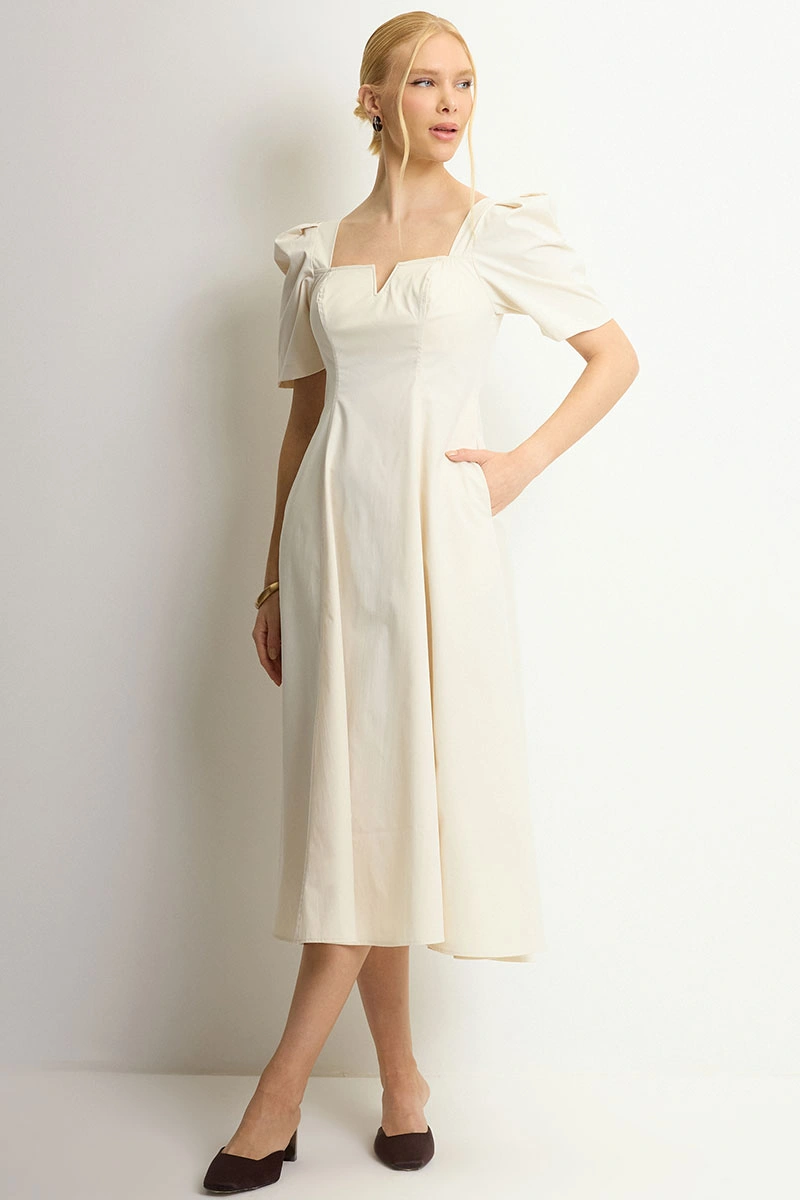 Miss Misses - Dafny Dress with VC Neckline and Pleated Sleeves, Beige - 54724215