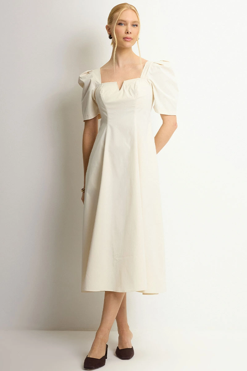 Miss Misses - Dafny Dress with VC Neckline and Pleated Sleeves, Beige - 54724215