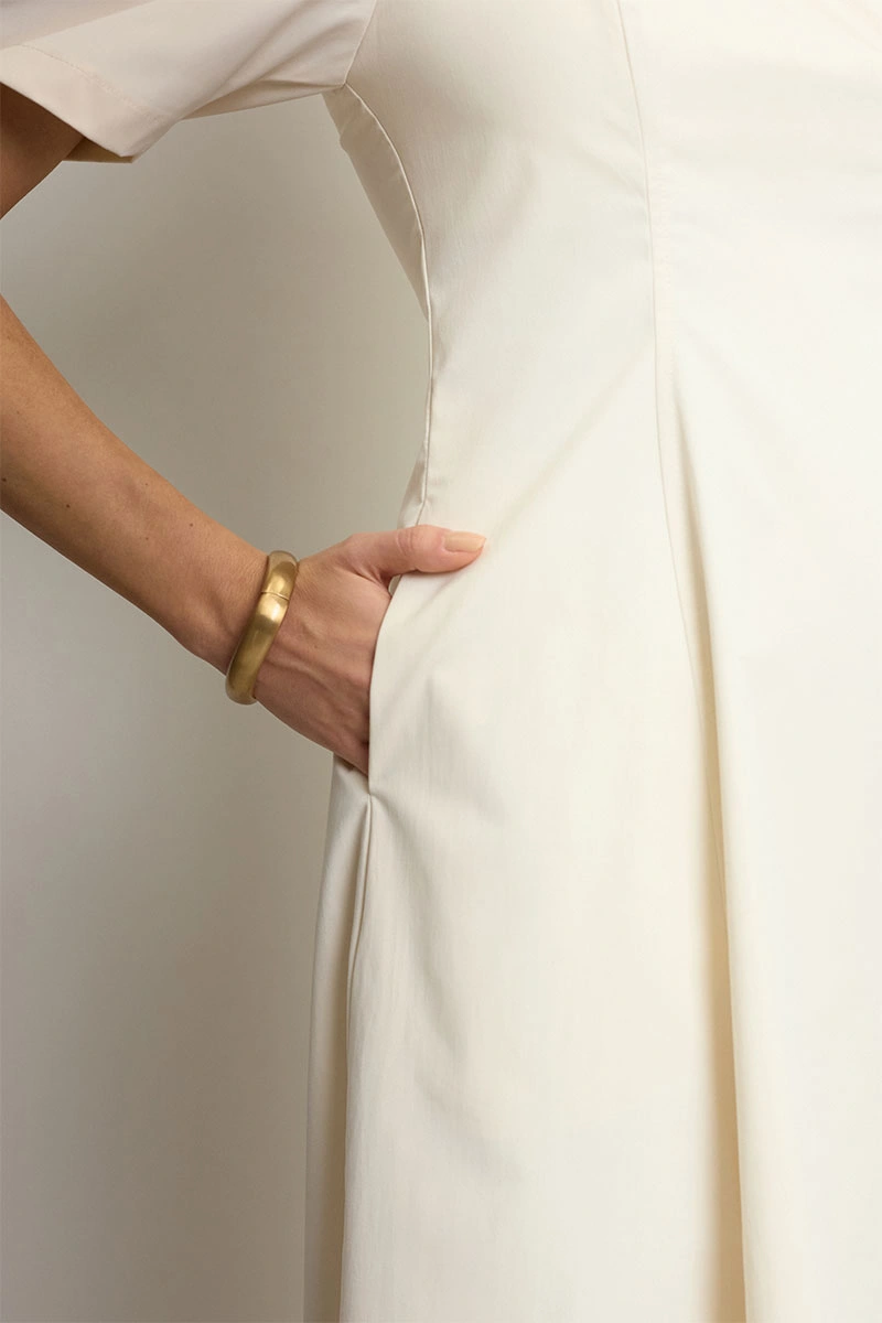 Miss Misses - Dafny Dress with VC Neckline and Pleated Sleeves, Beige - 54724215