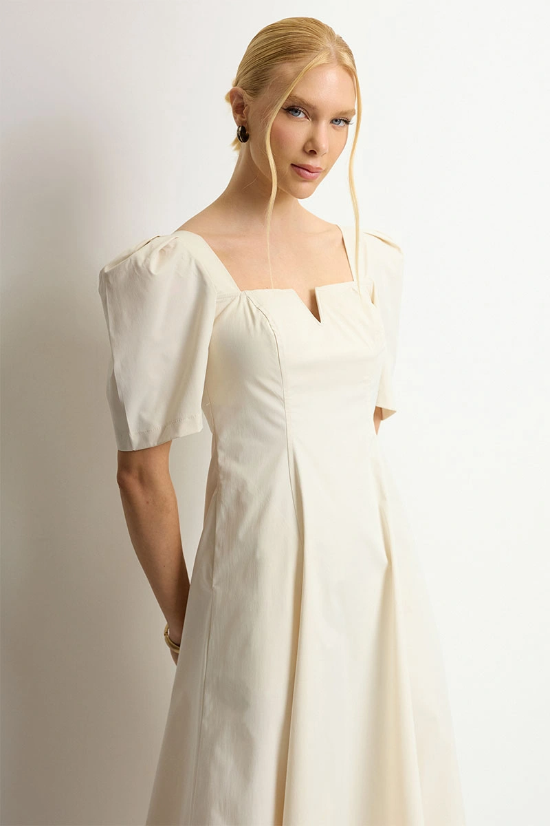 Miss Misses - Dafny Dress with VC Neckline and Pleated Sleeves, Beige - 54724215