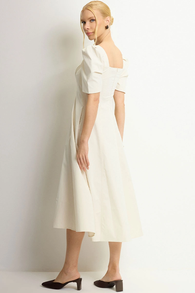 Miss Misses - Dafny Dress with VC Neckline and Pleated Sleeves, Beige - 54724215