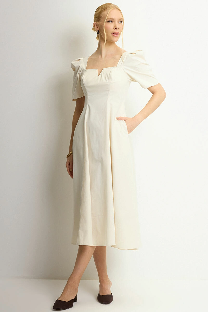 Miss Misses - Dafny Dress with VC Neckline and Pleated Sleeves, Beige - 54724215