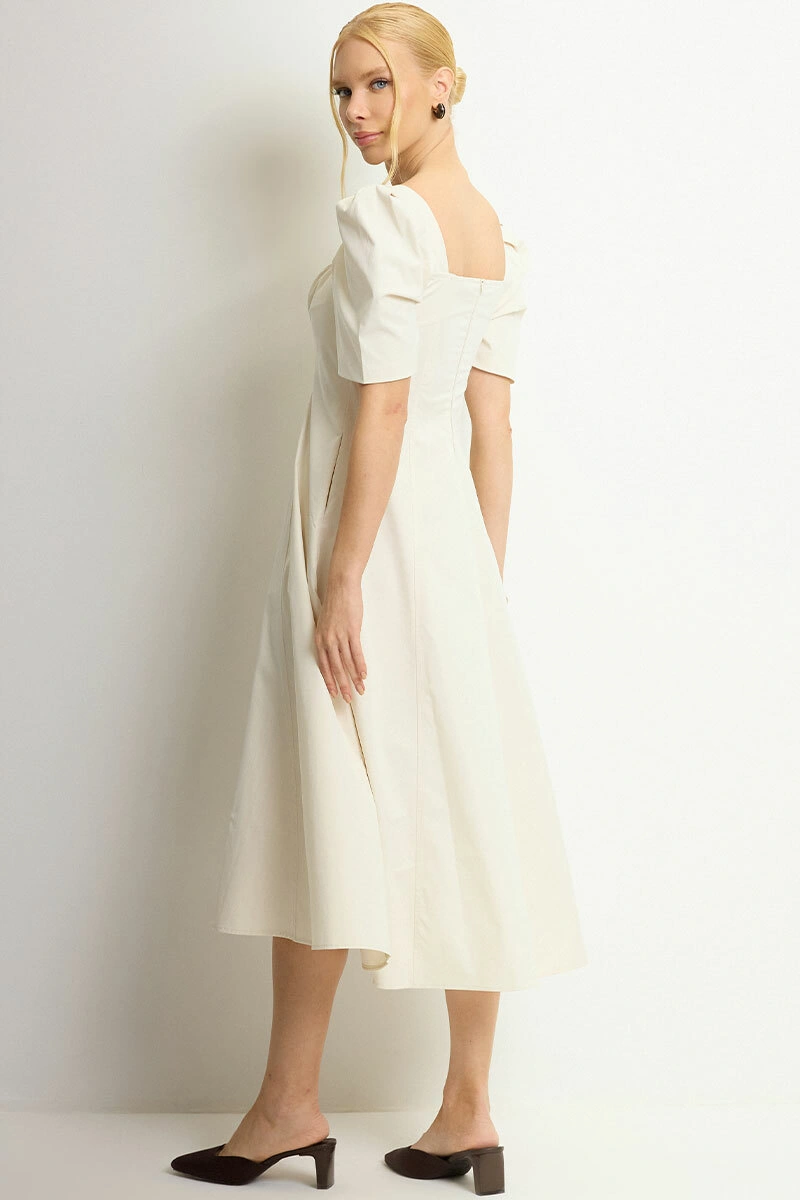 Miss Misses - Dafny Dress with VC Neckline and Pleated Sleeves, Beige - 54724215