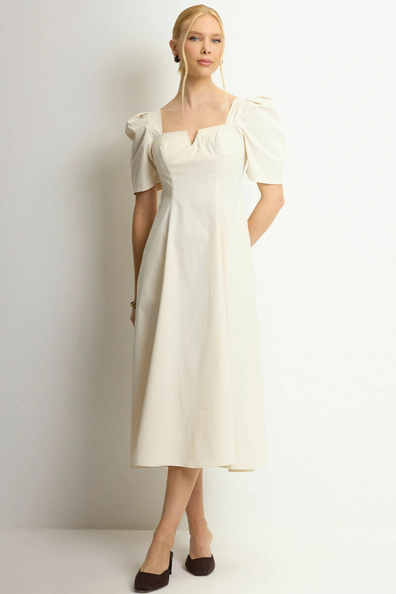 Miss Misses - Dafny Dress with VC Neckline and Pleated Sleeves, Beige - 54724215