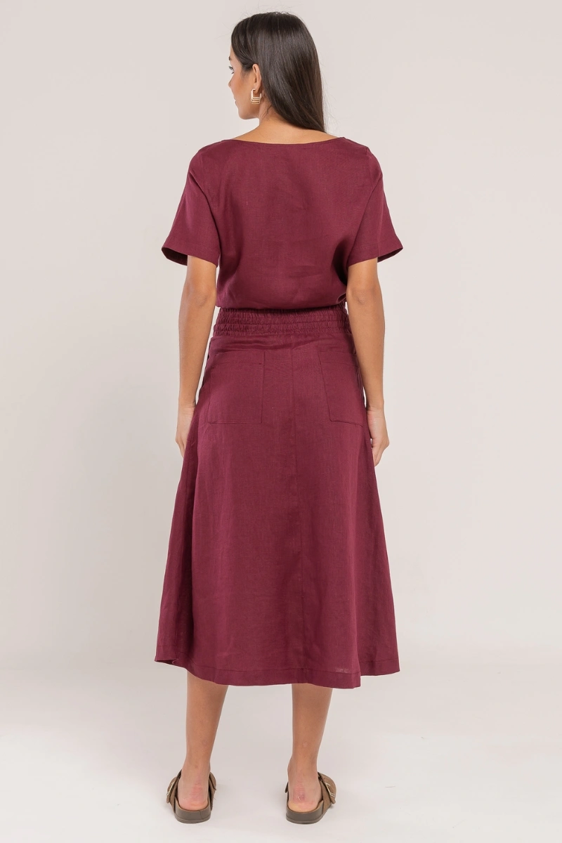 Hidrogênio - SAIA EVASE MIDI 100% LINHO VINHO - 19800043