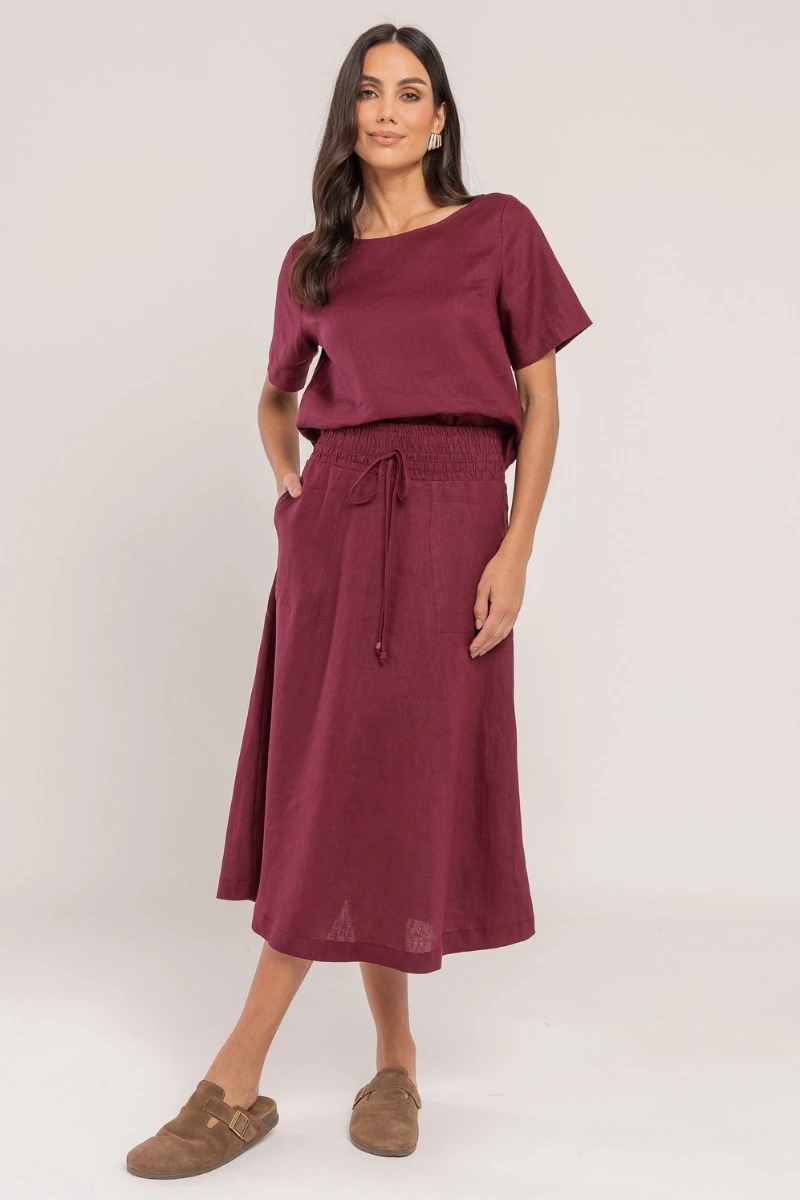 Hidrogênio - SAIA EVASE MIDI 100% LINHO VINHO - 19800043