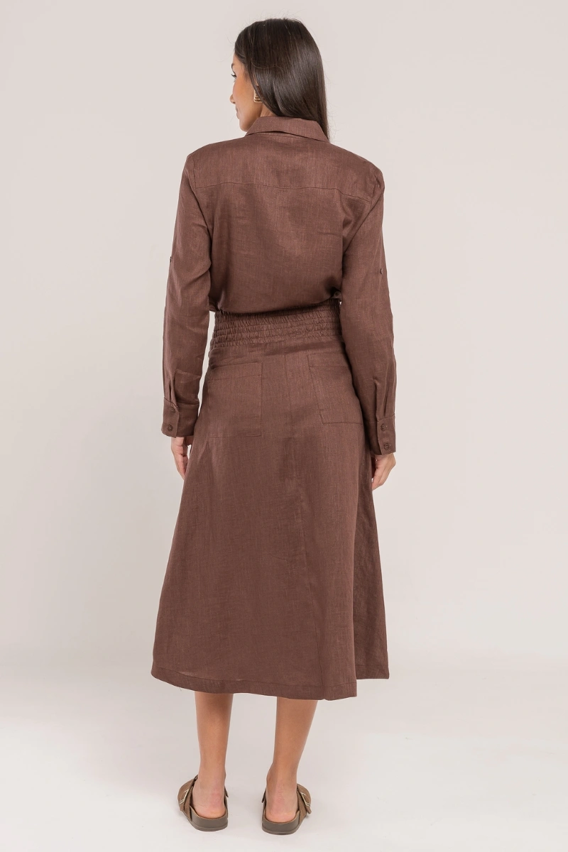 Hidrogênio - A-line midi skirt, 100% linen, chocolate color. - 19800032