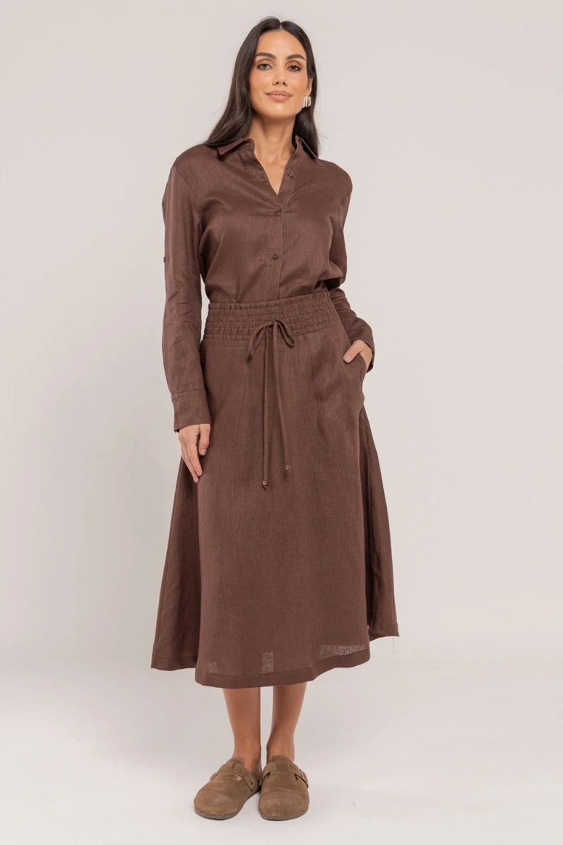 Hidrogênio - A-line midi skirt, 100% linen, chocolate color. - 19800032