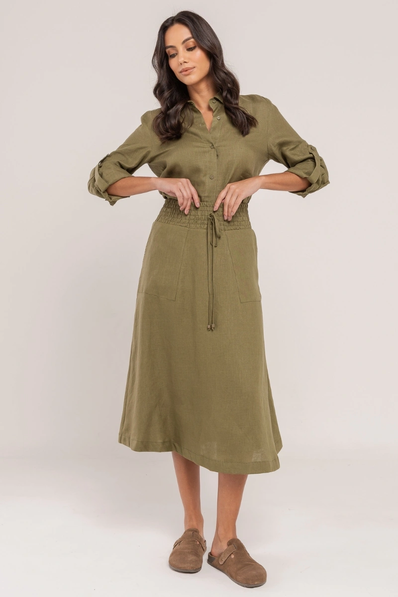 Hidrogênio - SAIA EVASE MIDI 100% LINHO OLÍVA - 19800391