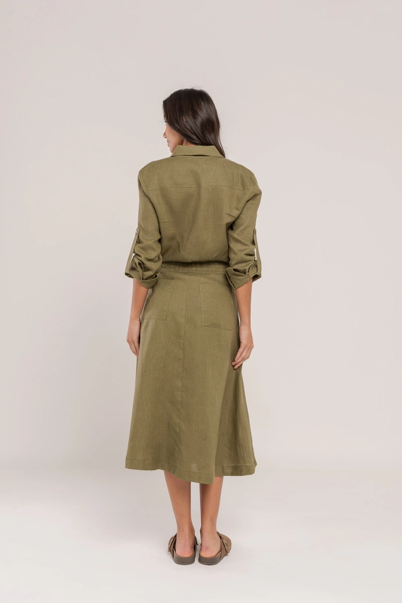 Hidrogênio - SAIA EVASE MIDI 100% LINHO OLÍVA - 19800391