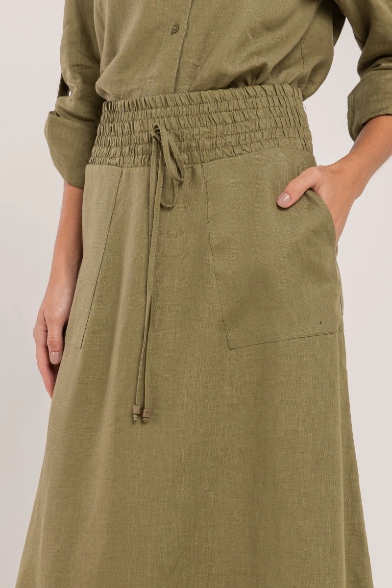 Hidrogênio - SAIA EVASE MIDI 100% LINHO OLÍVA - 19800391