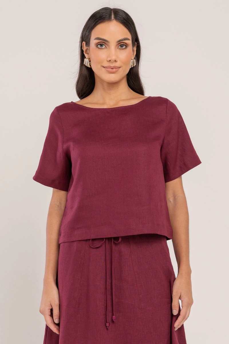 Hidrogênio - Cropped blouse, 100% linen, burgundy. - 19801043