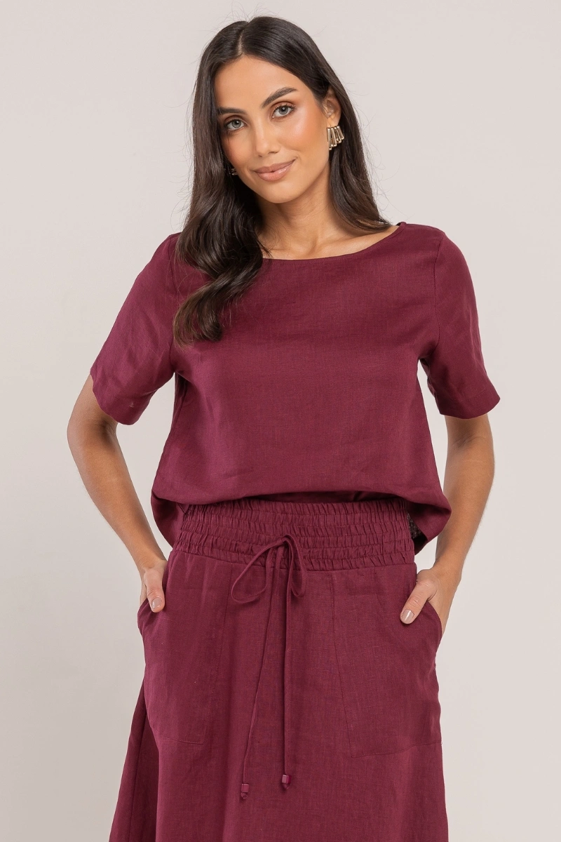 Hidrogênio - Cropped blouse, 100% linen, burgundy. - 19801043