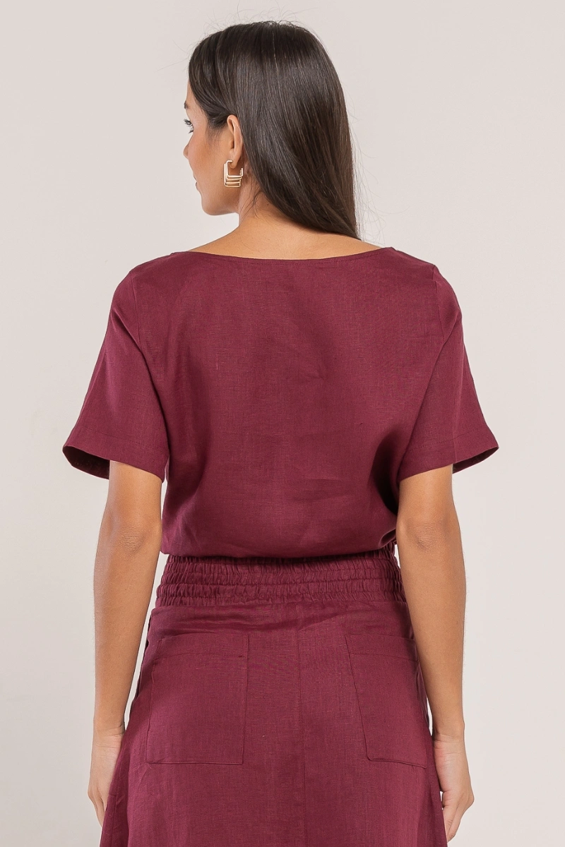 Hidrogênio - Cropped blouse, 100% linen, burgundy. - 19801043
