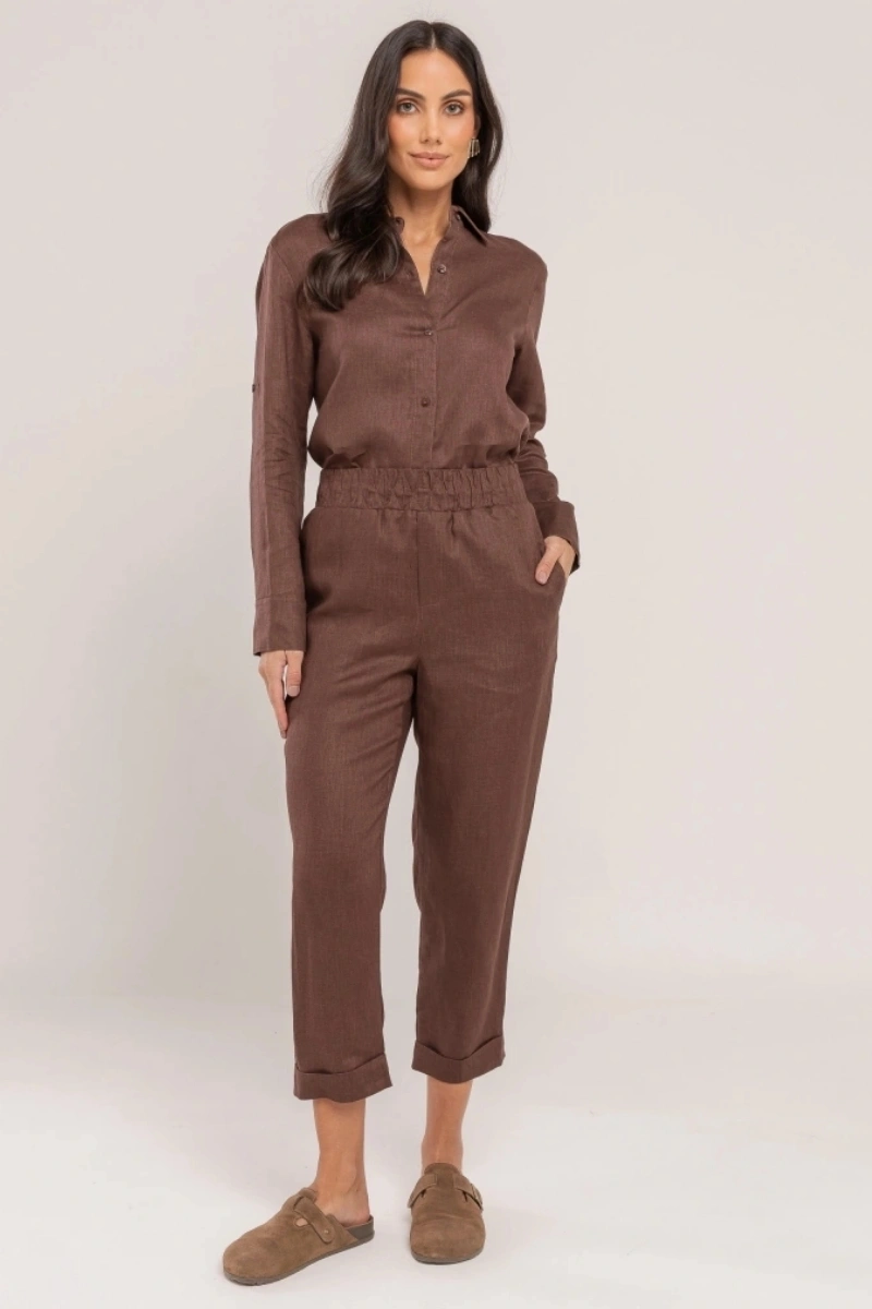 Hidrogênio - CALÇA CENOURA POLIANA LINHO 100% CHOCOLATE - 19886032