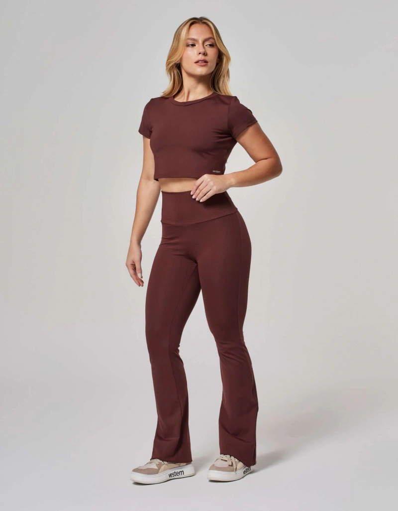 Vestem - Short-sleeved cropped shirt, brown leather. - BMC824.ESS.C0711