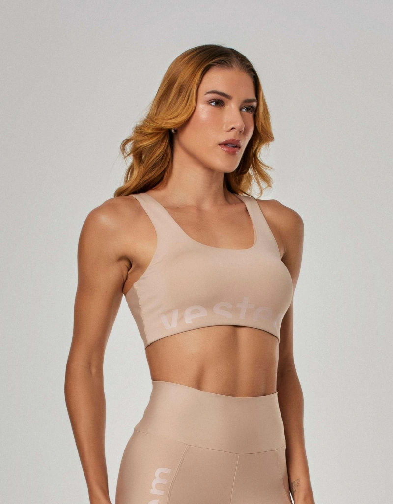 Vestem - Sports bra with medium support and Silk Calm in Almond Beige. - TOP1185.ESS.C0707