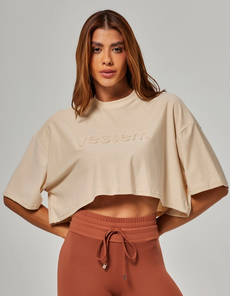 Vestem - Vestem Embossed Beige Ivory Cropped T-Shirt - BMC839.O26.C0696