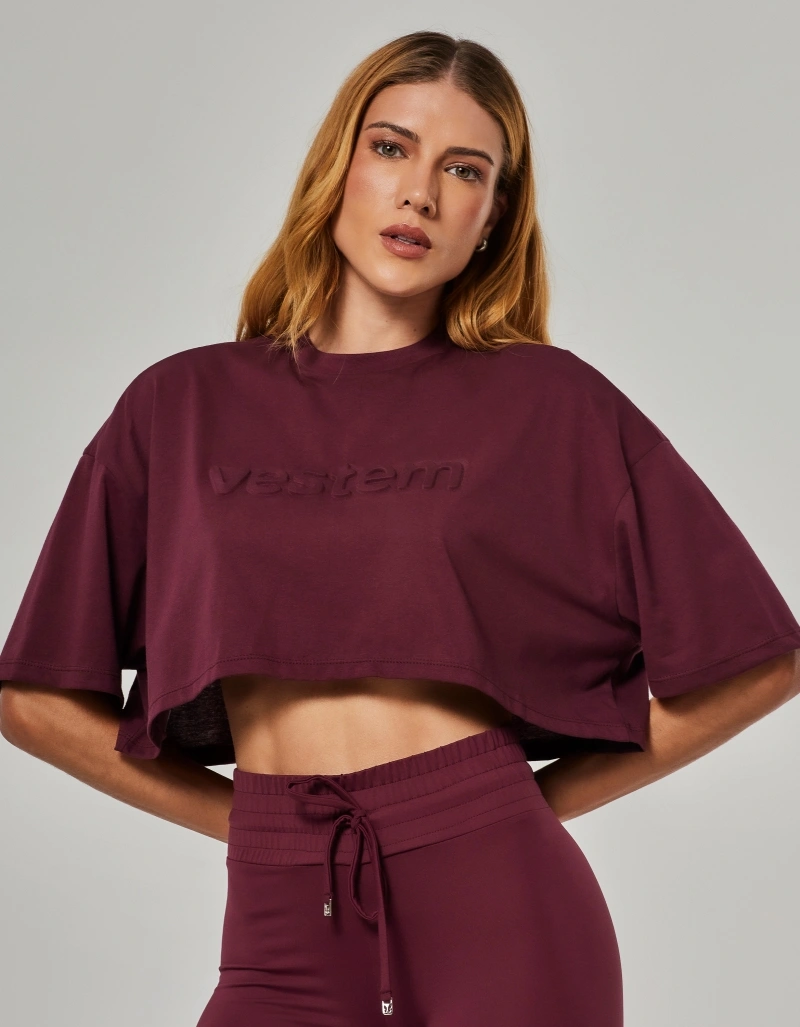 Vestem - Vestem Embossed Cropped T-Shirt in Wine Red - BMC839.O26.C0667