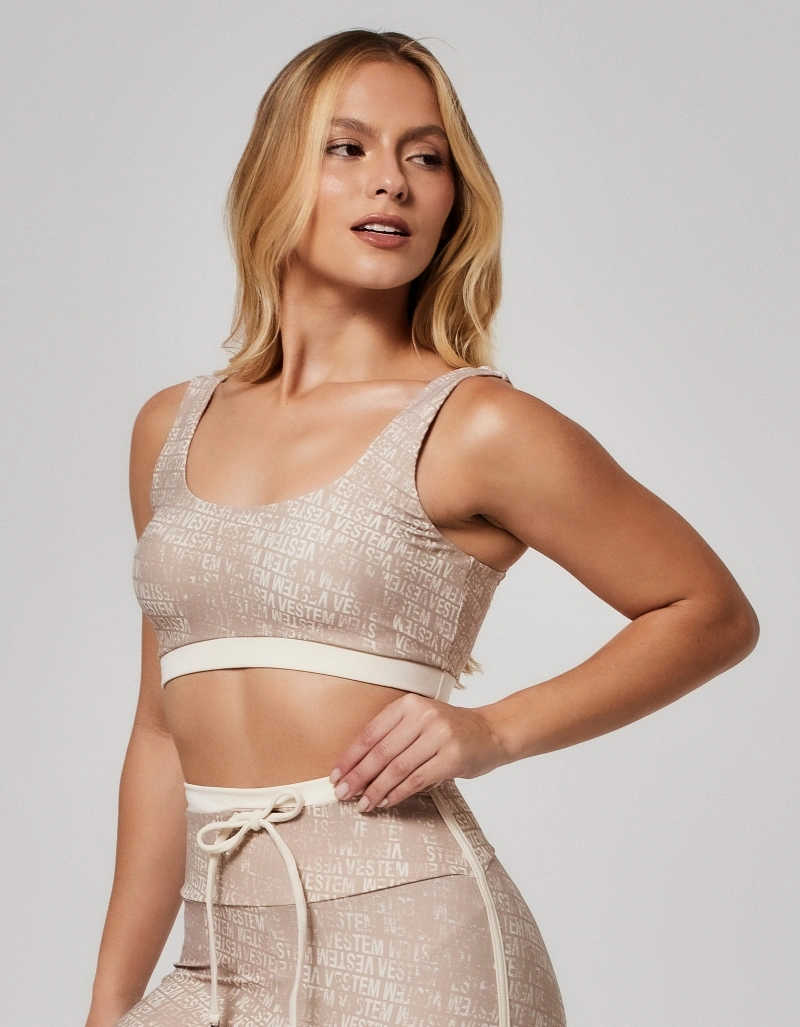 Vestem - Medium Support Top with Vivid Logomania Print in Candy Beige Nude - TOP1244.O26.E1374.O26