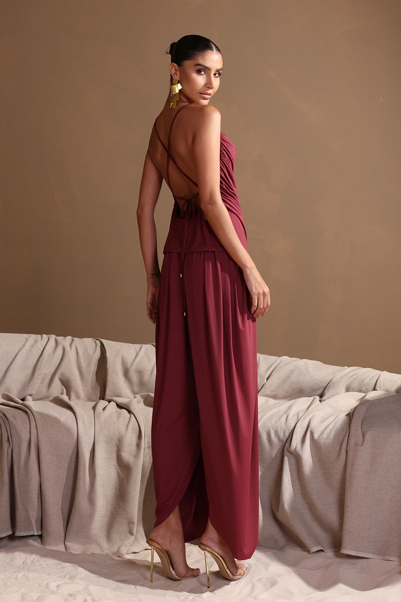 Dot Clothing - Set Dot Clothing Sarah Shirt and Pants with Ruched Detail, Burgundy - 2979VERM