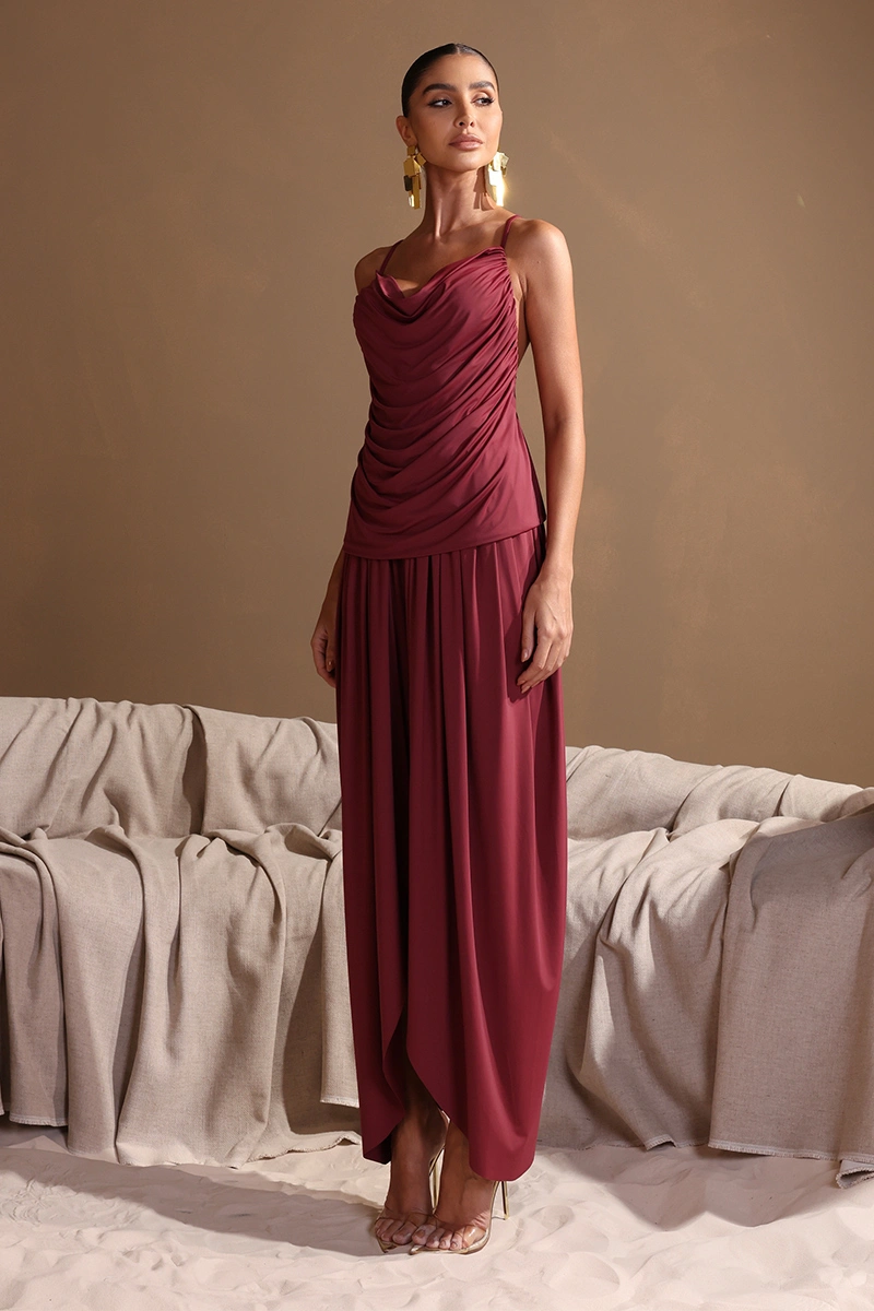 Dot Clothing - Set Dot Clothing Sarah Shirt and Pants with Ruched Detail, Burgundy - 2979VERM