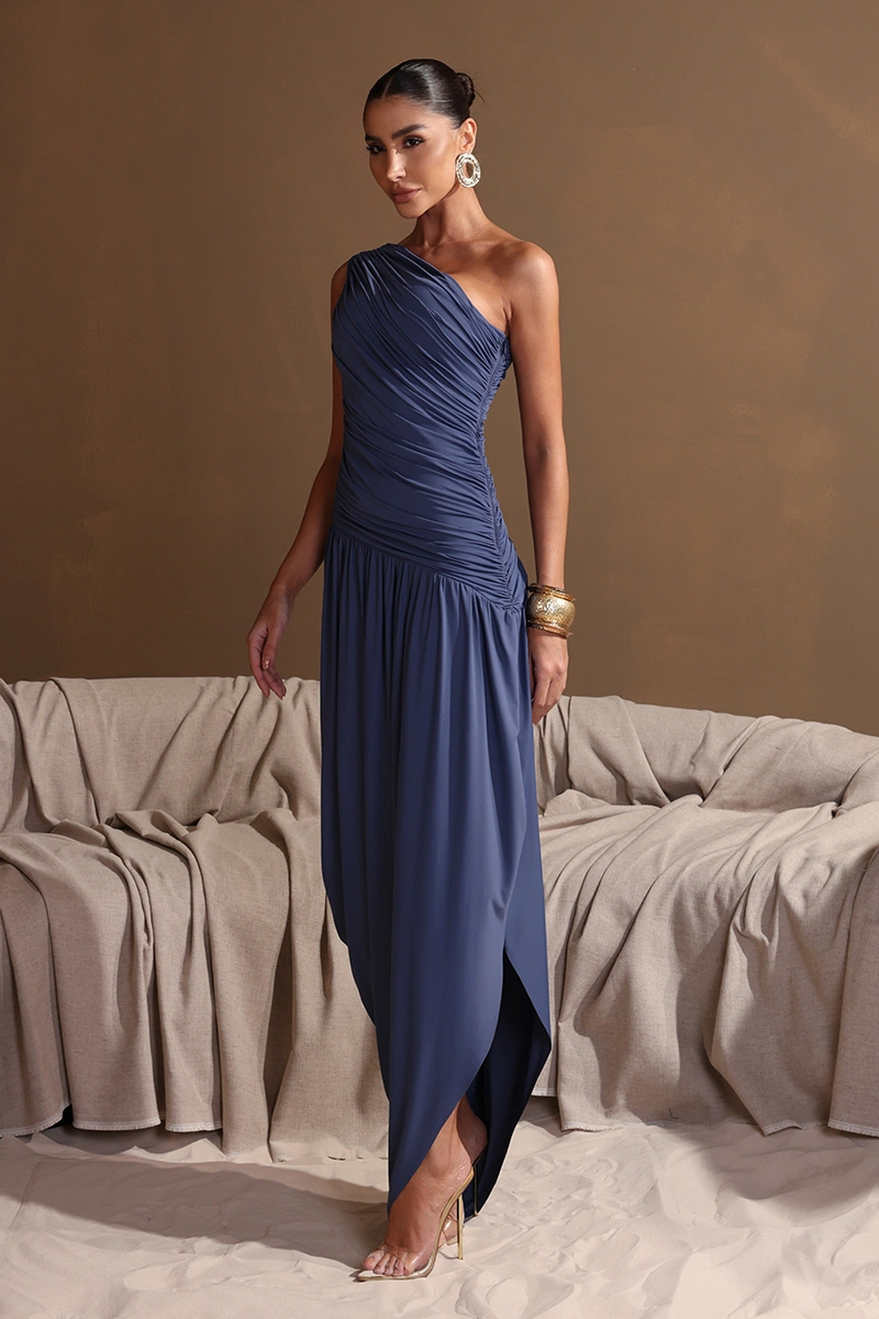 Dot Clothing - Dress Dot Clothing Longo Eloise One Shoulder Draped Blue Denim - 2972AZUL