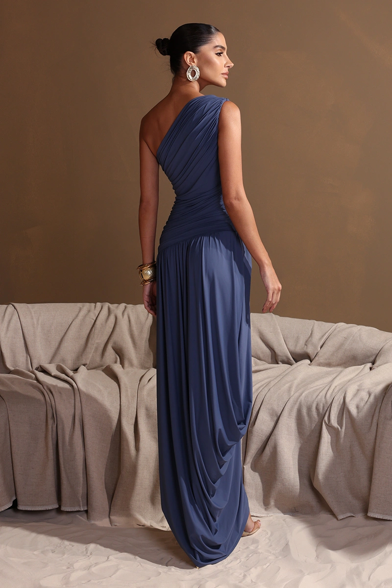 Dot Clothing - Dress Dot Clothing Longo Eloise One Shoulder Draped Blue Denim - 2972AZUL