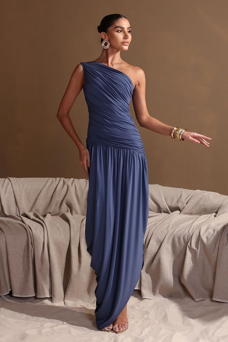 Dot Clothing - Dress Dot Clothing Longo Eloise One Shoulder Draped Blue Denim - 2972AZUL