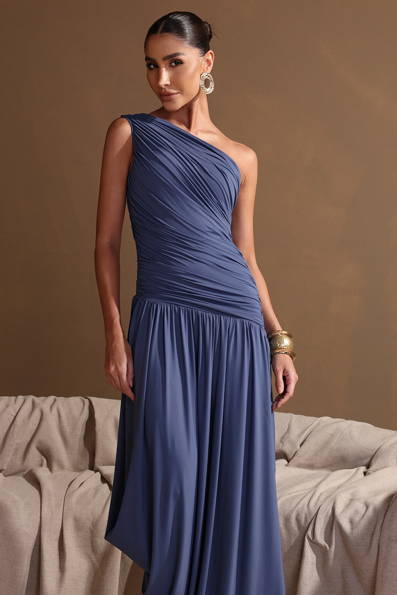 Dot Clothing - Dress Dot Clothing Longo Eloise One Shoulder Draped Blue Denim - 2972AZUL