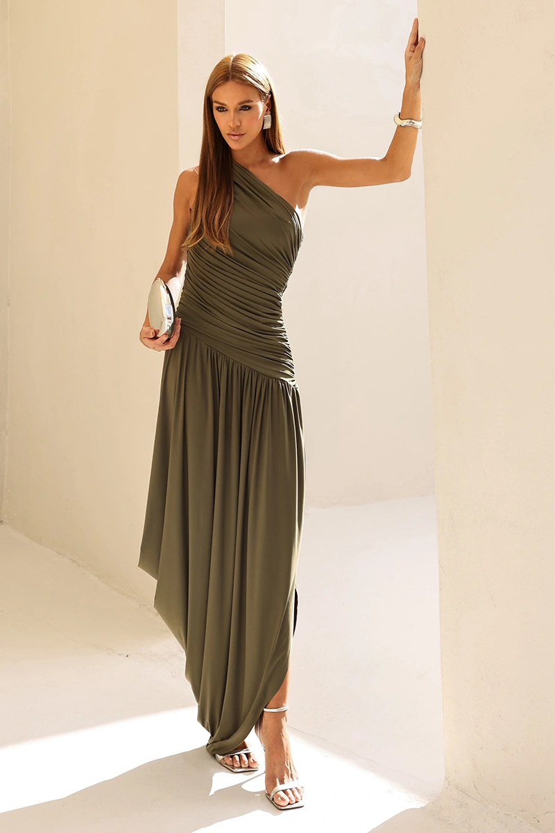 Dot Clothing - Vestido Dot Clothing Longo Eloise Um Ombro Drapeado Verde - 2972VERDE