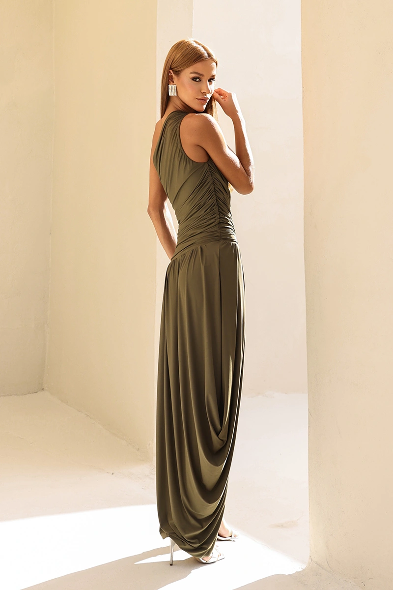 Dot Clothing - Vestido Dot Clothing Longo Eloise Um Ombro Drapeado Verde - 2972VERDE