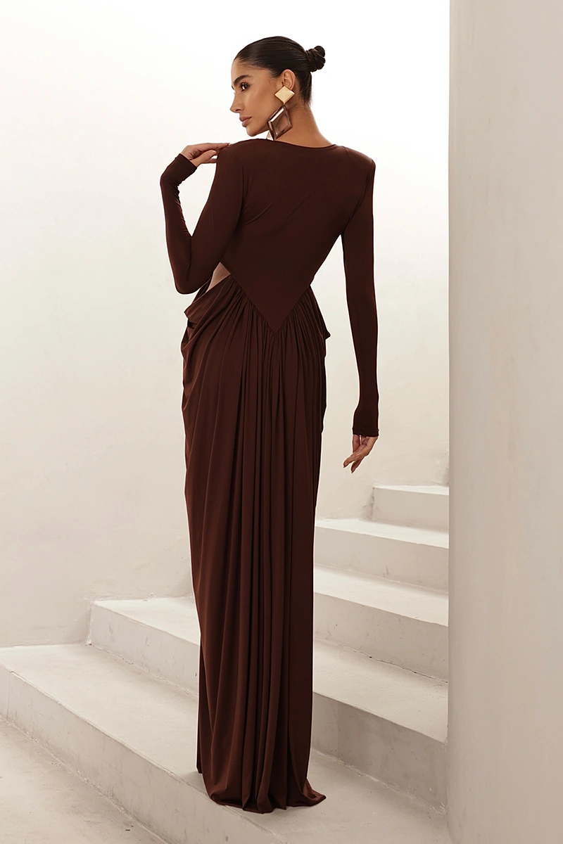 Dot Clothing - Dress Dot Clothing Longo Kassia Long Sleeve Draped Brown - 2971MARROM