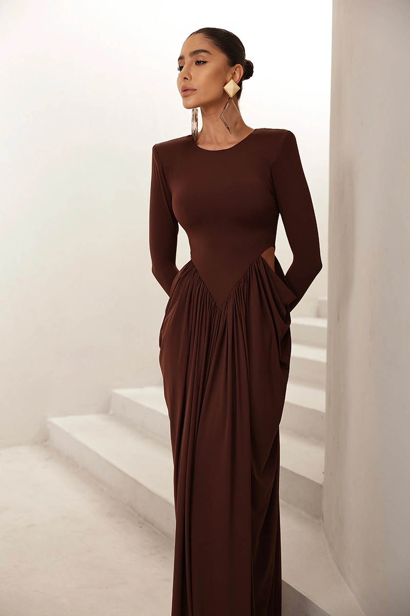 Dot Clothing - Dress Dot Clothing Longo Kassia Long Sleeve Draped Brown - 2971MARROM