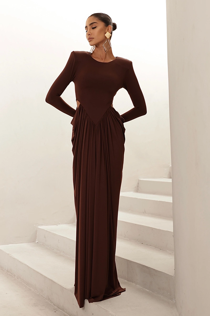 Dot Clothing - Dress Dot Clothing Longo Kassia Long Sleeve Draped Brown - 2971MARROM