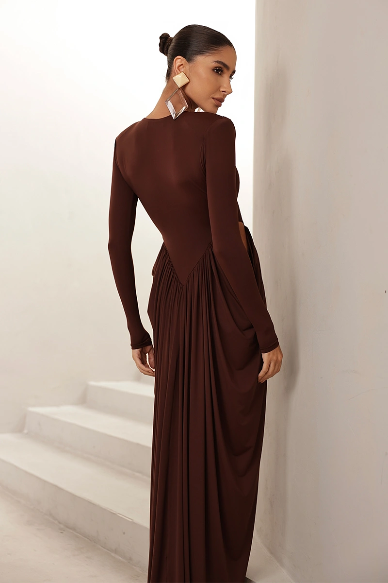 Dot Clothing - Dress Dot Clothing Longo Kassia Long Sleeve Draped Brown - 2971MARROM