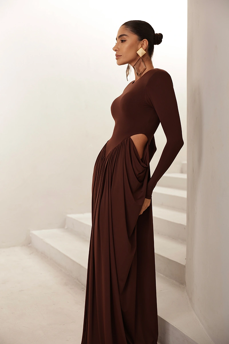 Dot Clothing - Dress Dot Clothing Longo Kassia Long Sleeve Draped Brown - 2971MARROM