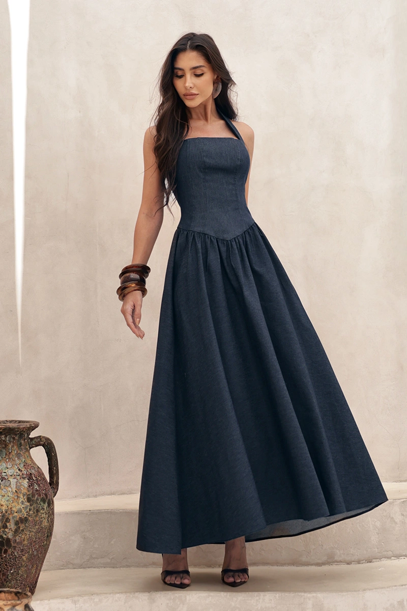 Dot Clothing - Dress Dot Clothing Longuette Anne Halter Neck Blue Denim - 2970AZUL