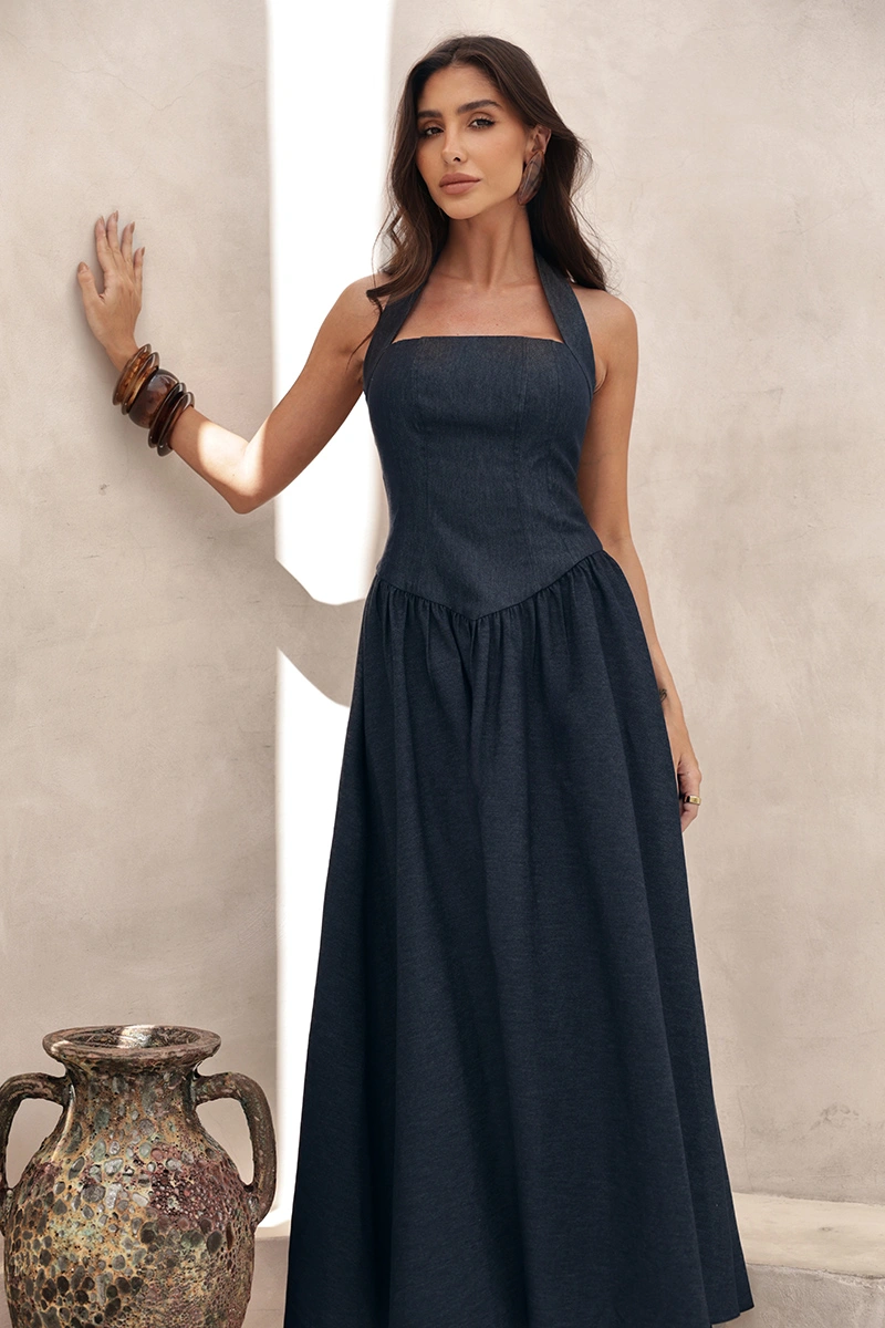 Dot Clothing - Dress Dot Clothing Longuette Anne Halter Neck Blue Denim - 2970AZUL