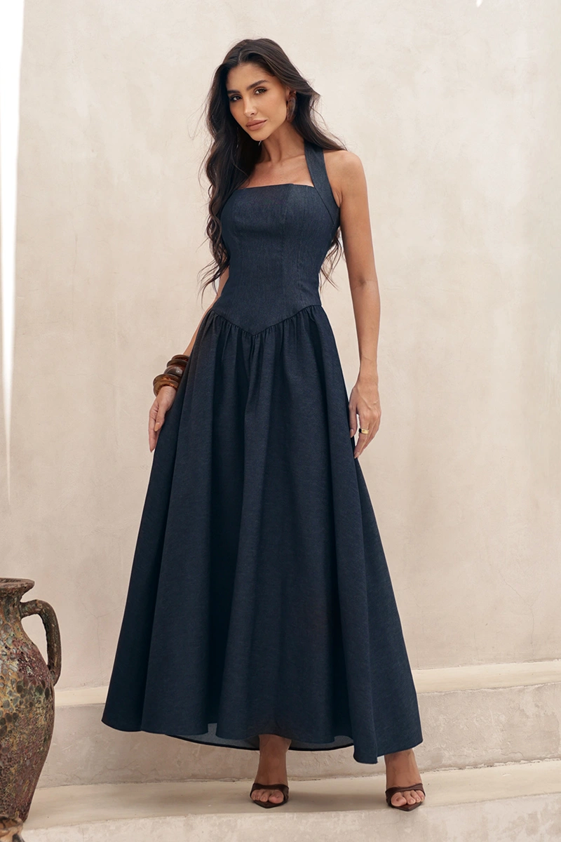 Dot Clothing - Dress Dot Clothing Longuette Anne Halter Neck Blue Denim - 2970AZUL
