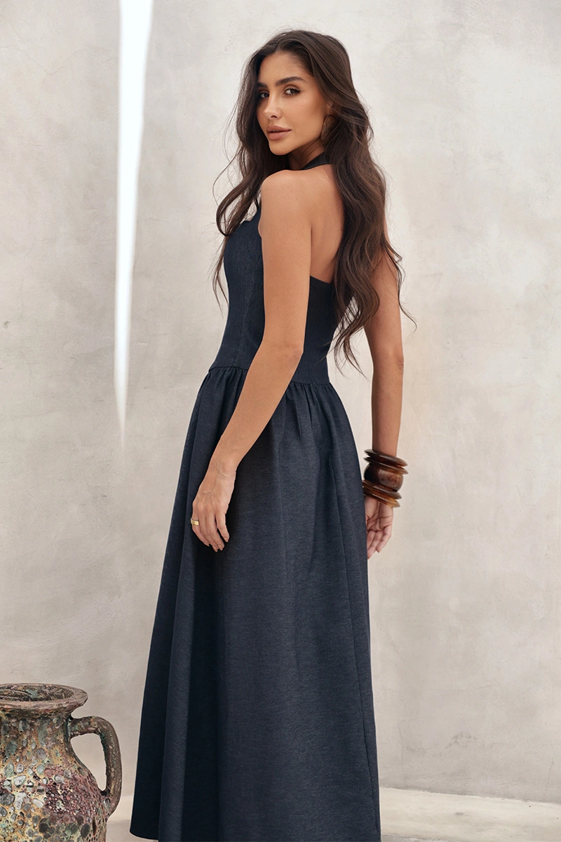 Dot Clothing - Dress Dot Clothing Longuette Anne Halter Neck Blue Denim - 2970AZUL