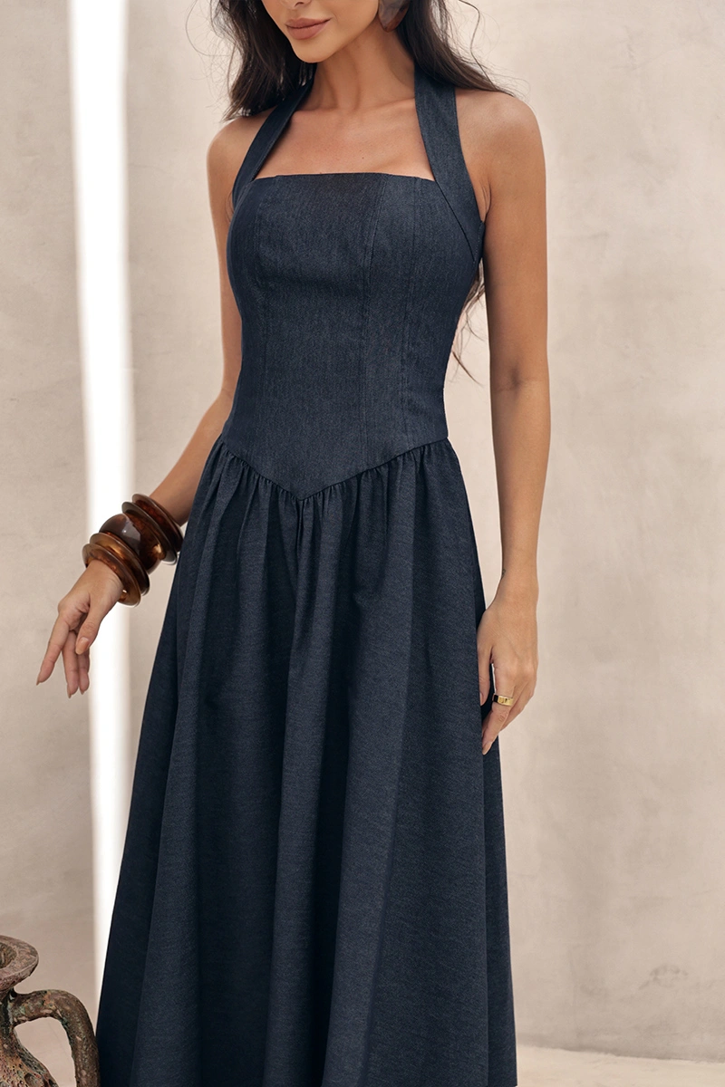 Dot Clothing - Dress Dot Clothing Longuette Anne Halter Neck Blue Denim - 2970AZUL