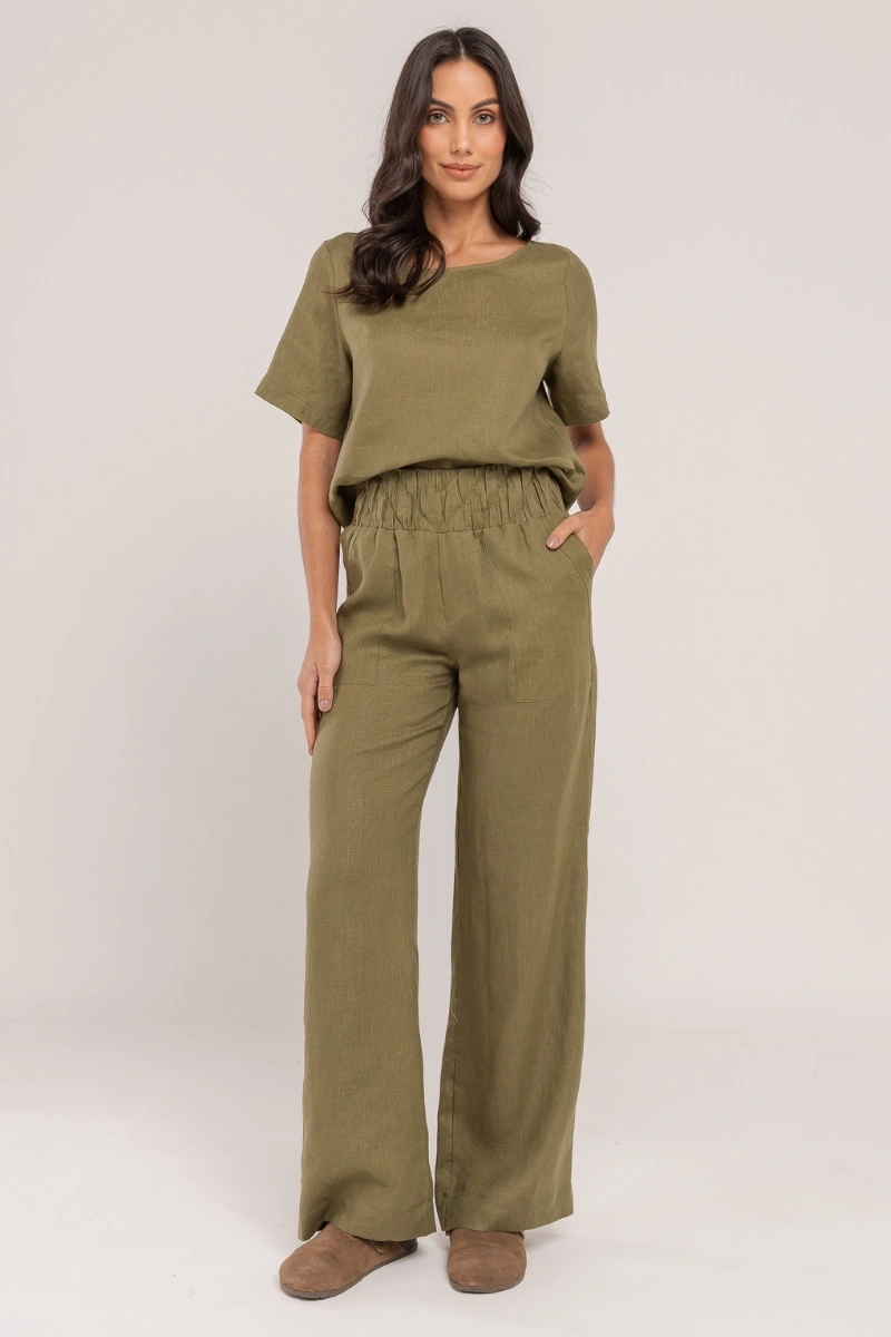Hidrogênio - Straight leg trousers with topstitched waistband, pure linen, Valeria Oliva - 20541391
