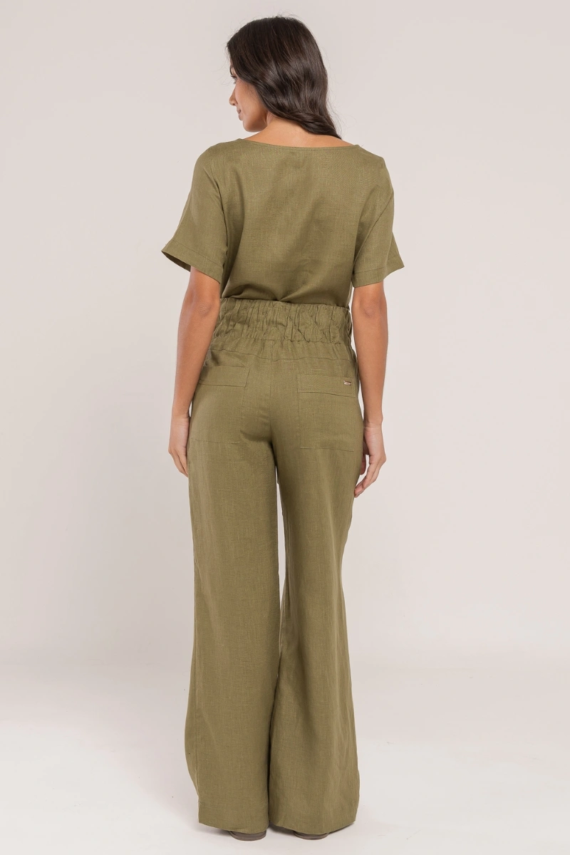 Hidrogênio - Straight leg trousers with topstitched waistband, pure linen, Valeria Oliva - 20541391