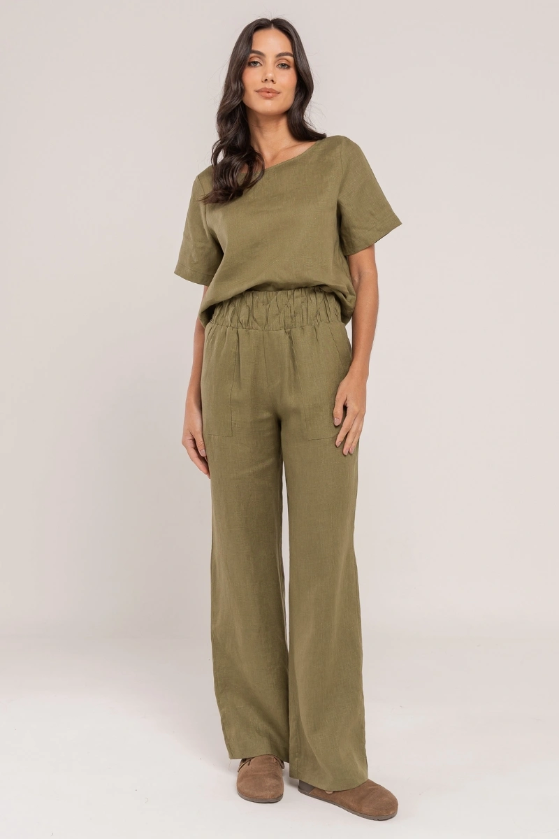 Hidrogênio - Straight leg trousers with topstitched waistband, pure linen, Valeria Oliva - 20541391