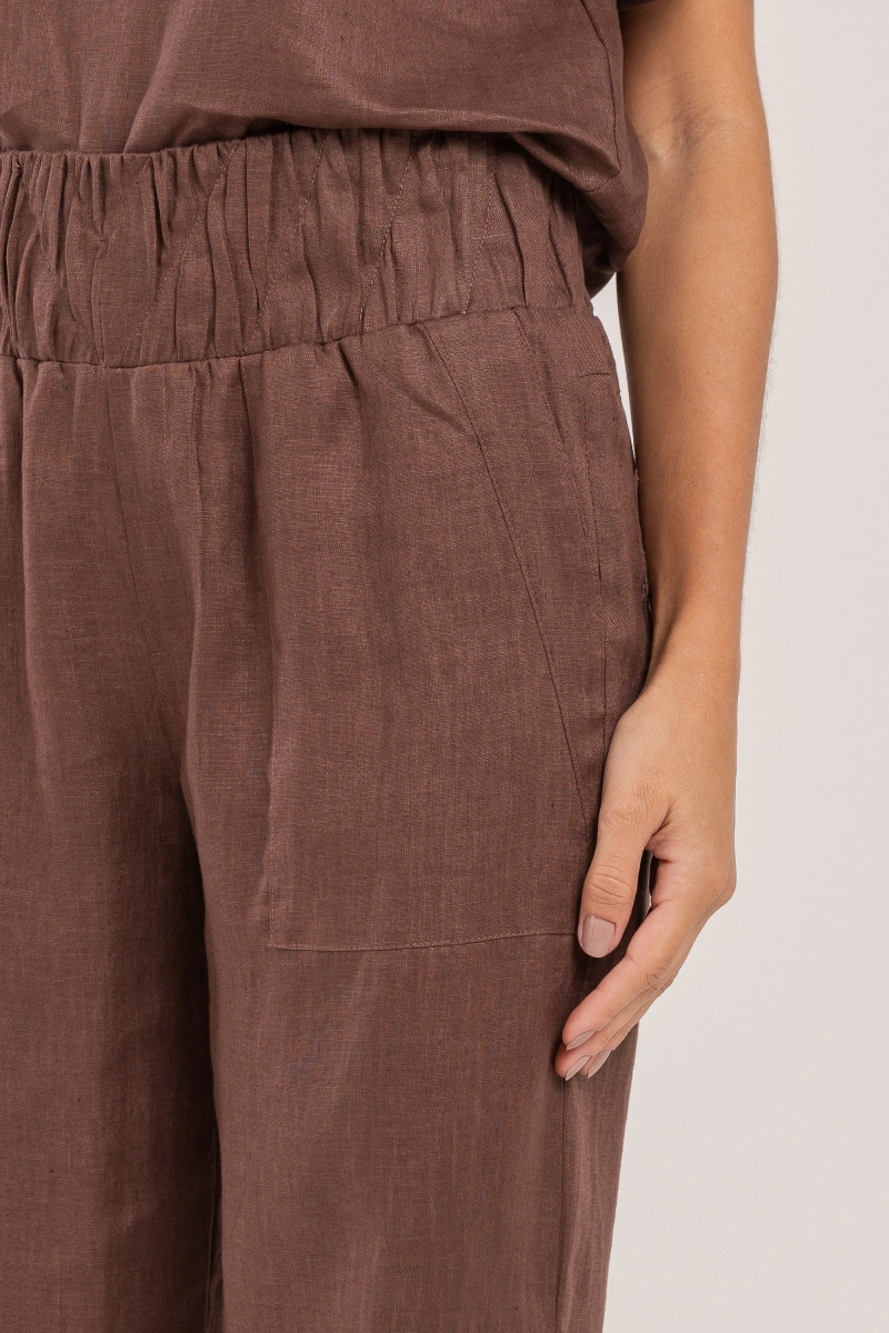 Hidrogênio - Straight leg trousers with topstitched waistband, pure linen, Valeria Chocolate - 20541032