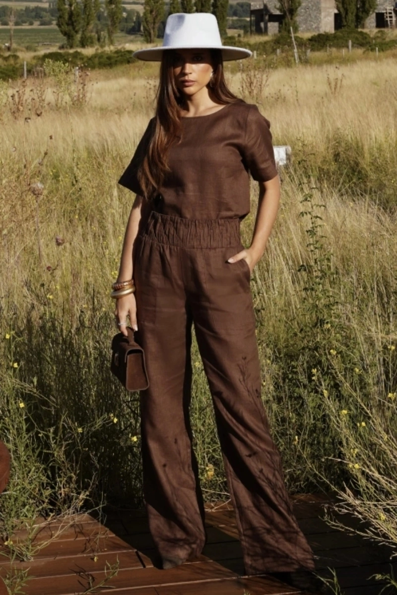 Hidrogênio - Straight leg trousers with topstitched waistband, pure linen, Valeria Chocolate - 20541032