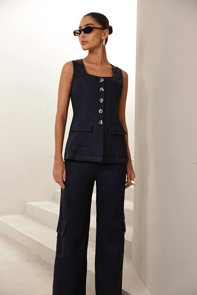 Dot Clothing - Conjunto Dot Clothing Mel Colete e Calça Cargo Azul Marinho - 2973AZUL