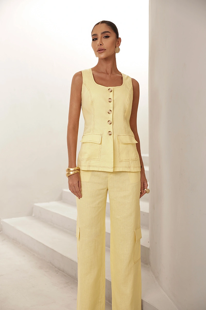 Dot Clothing - Conjunto Dot Clothing Mel Colete e Calça Cargo Camomila - 2973AMAR