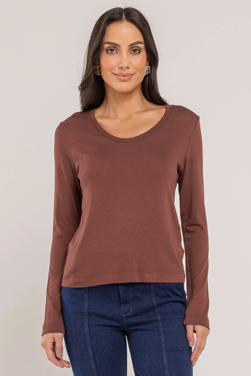 Hidrogênio - BLUSA TRICOT DECOTE U MG LONGA NUTELLA - 20682276